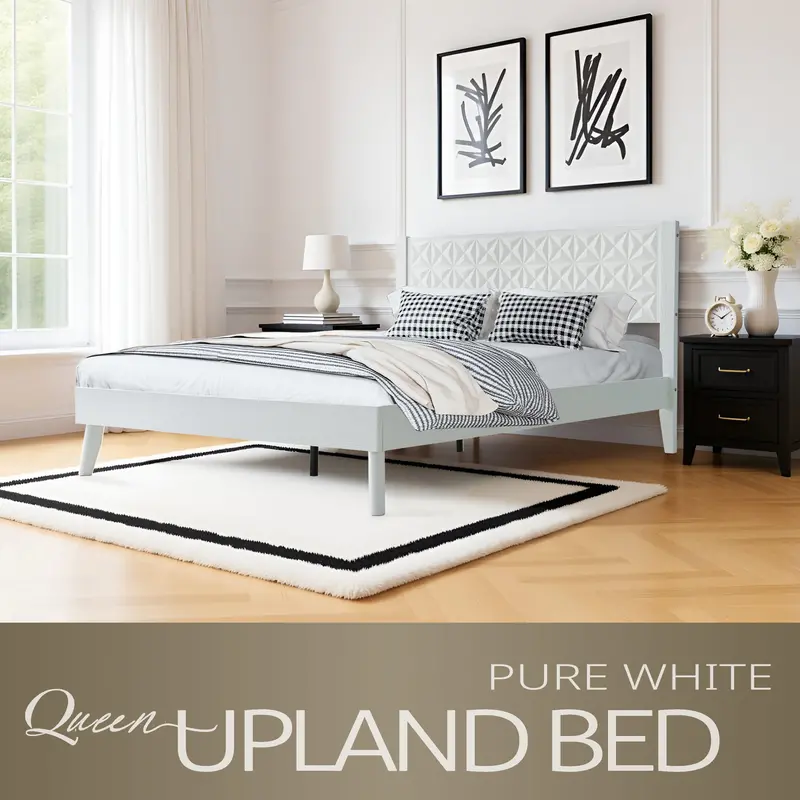 Pure White Queen Platform Bed Frame With Solid Wood Headboard & Footboard, Sturdy Slatted Support, And Central Leg Stability 1