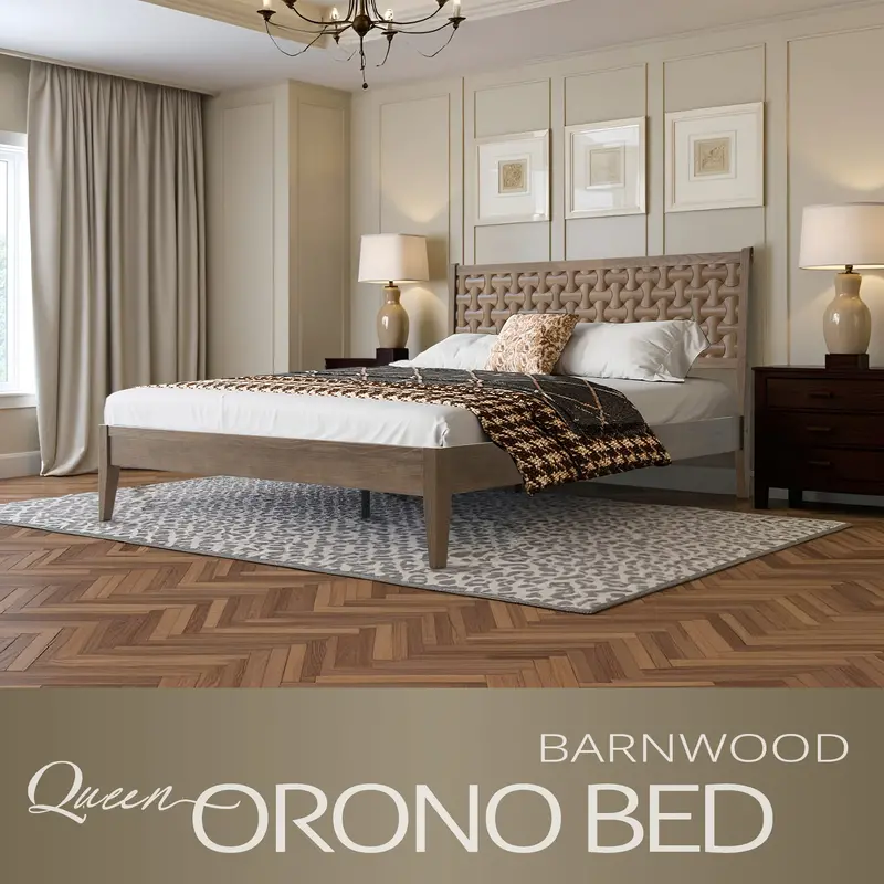 Queen Size Barnwood Platform Bed – Solid Wood With Headboard & Footboard, Heavy-Duty 12-Slat Base, Central Metal Support, Box Spring Optional, Silent & Non-Slip, Rustic Finish 1