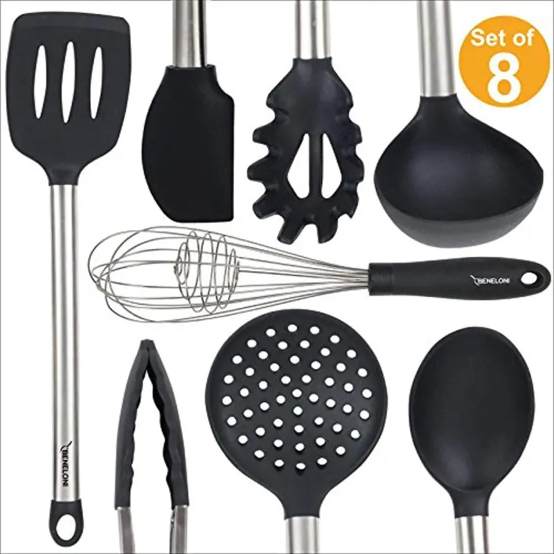 Silicone & Stainless Steel Kitchen Utensil Set – 6-Piece Nonstick-Safe Serving Collection Including Tongs, Spatula, Ladle, Whisk & More 1