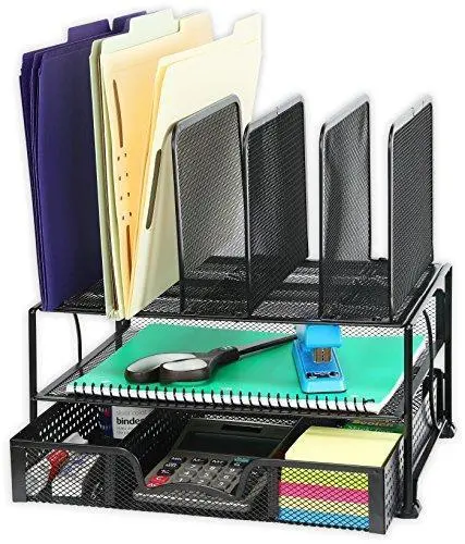 Simplehouseware Mesh Desk Organizer – Black Dual-Tier Unit With Sliding Drawer & Five Upright Compartments 1