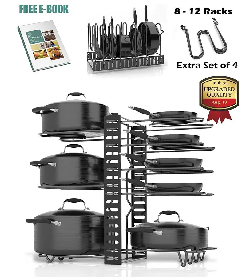 Skatco Heavy-Duty Pan Organizer Rack – Adjustable Metal Pot & Lid Storage System For Cabinets And Pantries 1