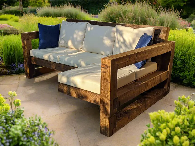 Solid Wood 3-Seat Garden Sofa Featuring Integrated Footrest 1