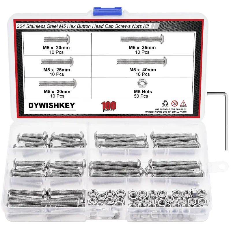 Stainless Steel Hex Button Head Bolt & Nut Set – 100 Pcs, M5 X 20–40 Mm 1