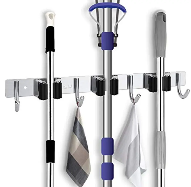 Stainless Steel Wall-Mount Broom & Mop Holder – Heavy-Duty 3-Rack, 4-Hook Organizer For Kitchen, Bathroom, Garage & Office 1