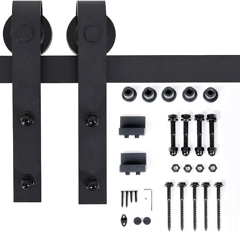 Te Deum 6.6-Foot Heavy-Duty J-Shape Sliding Barn Door Kit – Black Finish, Wood-Door Compatible 1