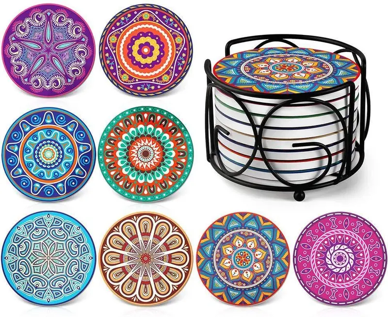 Teivio Mandala Absorbent Stone Coaster Set – 8-Piece With Cork Base & Display Holder 1