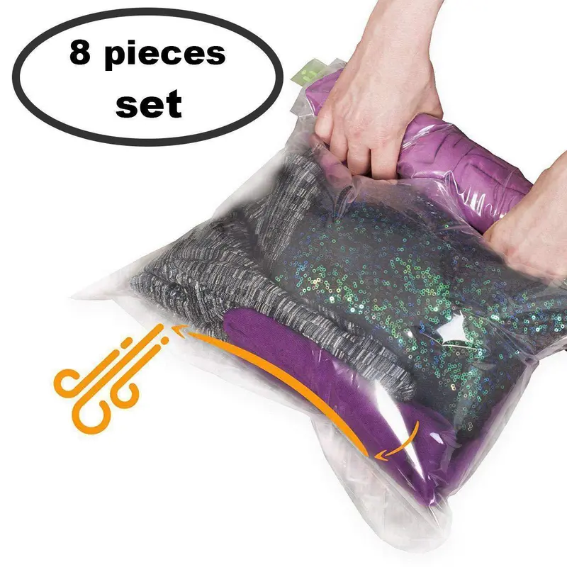 Travel Space Saver Compression Bags – Reusable 8-Pack (4 Large + 4 Medium), No Vacuum Required, Transparent Luggage Organizers For Clothes 1