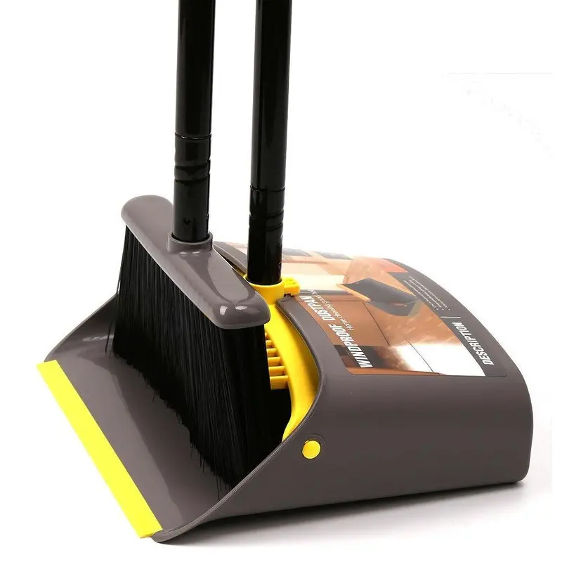 Treelen Adjustable Broom & Dustpan Set – Upright 40"/52" Handle Combo With Stand-Up Dustpan (Yellow) 1