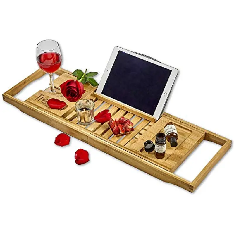 Tregini Adjustable Bamboo Bath Tray – Extendable Tub Caddy With Tablet Slot, Wine Glass Holder & Book Rack 1