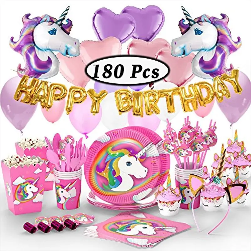Unicorn Party Kit – 180+ Glittery Supplies Including Headbands, Cupcake Toppers, Balloons & Tableware 1