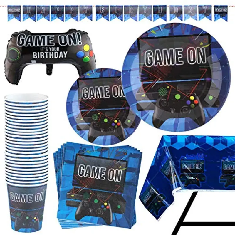 Video Game-Themed Party Kit – 83-Piece Supplies Including Banner, Tablecloth, Plates, Cups, Napkins & Giant Joystick Balloon (Serves 20) 1