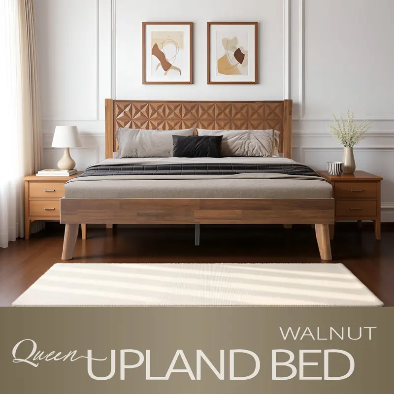 Walnut Queen Platform Bed Frame With Solid Wood Headboard & Footboard, Heavy-Duty Slatted Base, And Central Metal Legs 1