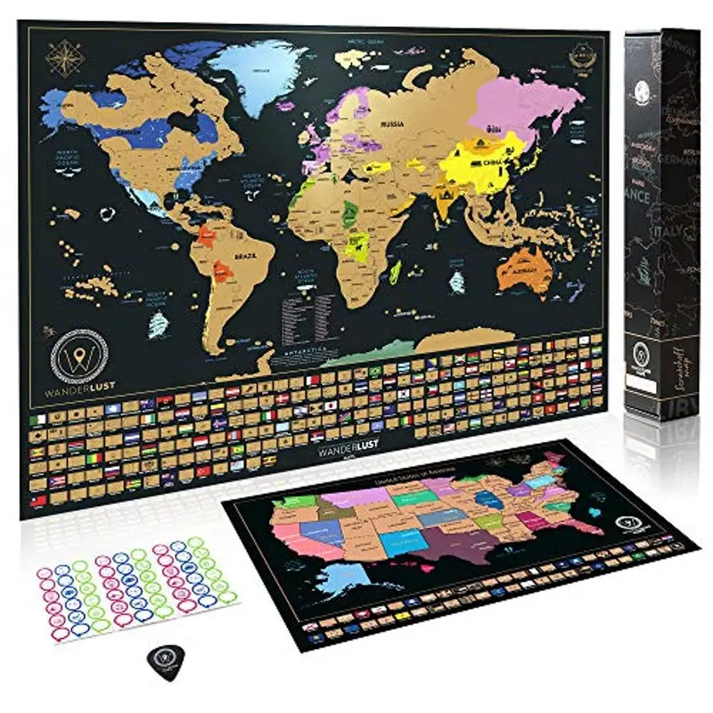 Wanderlust Maps Scratch-Off World & Usa Travel Map Set – Deluxe Gift Tube With Precision Tool & Memory Stickers 1