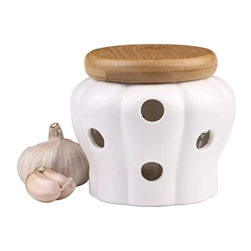 White Stoneware Garlic Keeper – Ventilated Ceramic Storage Jar With Bamboo Lid & 12 Airflow Holes 1