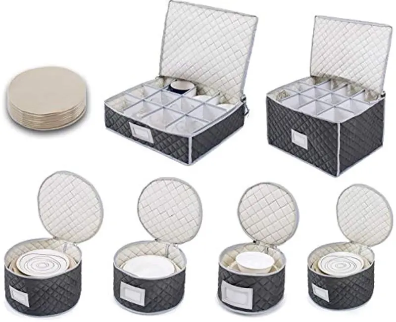 Woffit Quilted Dinnerware Storage Set – Premium Protective Organizer For Fine China, Stemware & Tableware – Includes 8 Adjustable Plate Protectors 1