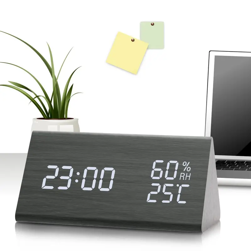Wood-Grain Led Alarm Clock – Dual-Time Display, Triple Alarms, Adjustable Brightness, And Built-In Thermometer/Hygrometer For Bedrooms 1