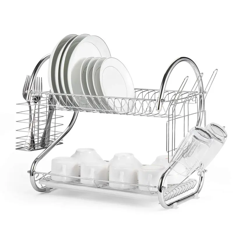 Zippem 2-Tier Chrome Dish Drying Rack – Includes Utensil Holder & Drain Board, Silver Finish 1